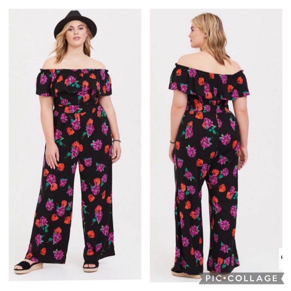 Torrid Black Floral Off the Shoulder Jumpsuit Size 3X